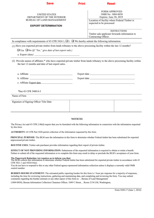 Fillable Form 5450-17 - Export Determination Printable pdf