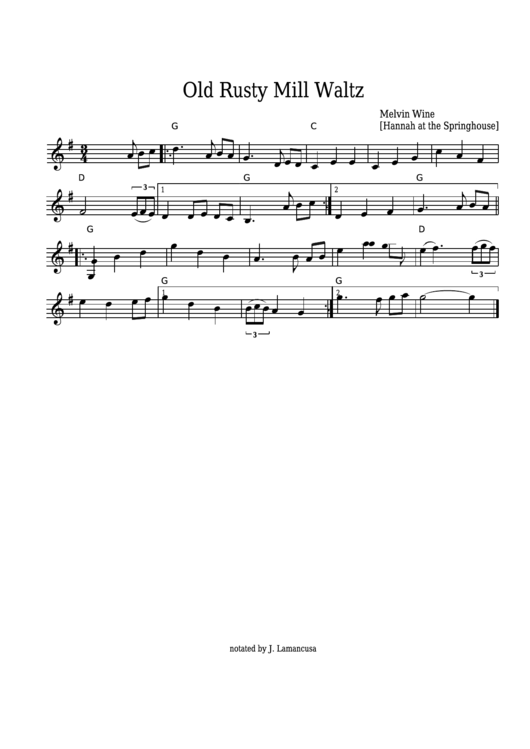 Melvin Wine - Old Rusty Mill Waltz Sheet Music - Hannah At The Springhouse Printable pdf