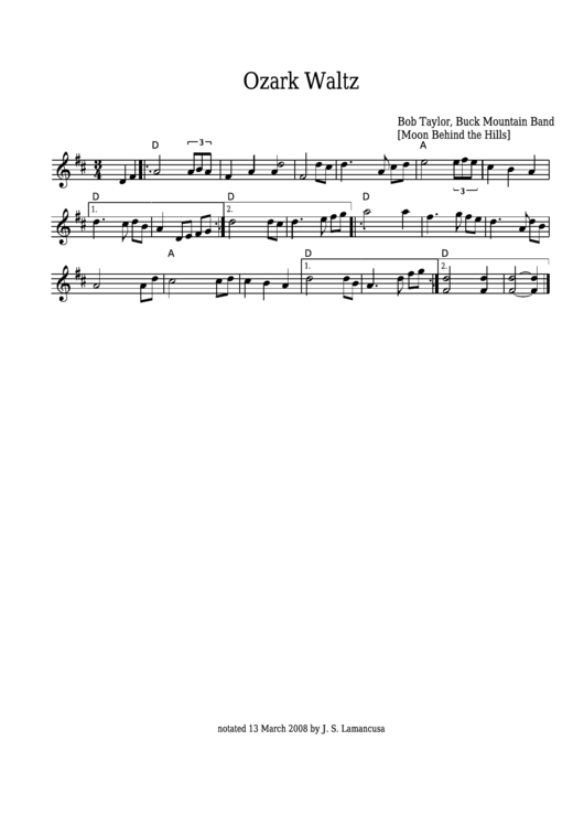 Bob Taylor - Ozark Waltz Sheet Music - Moon Behind The Hills Printable pdf
