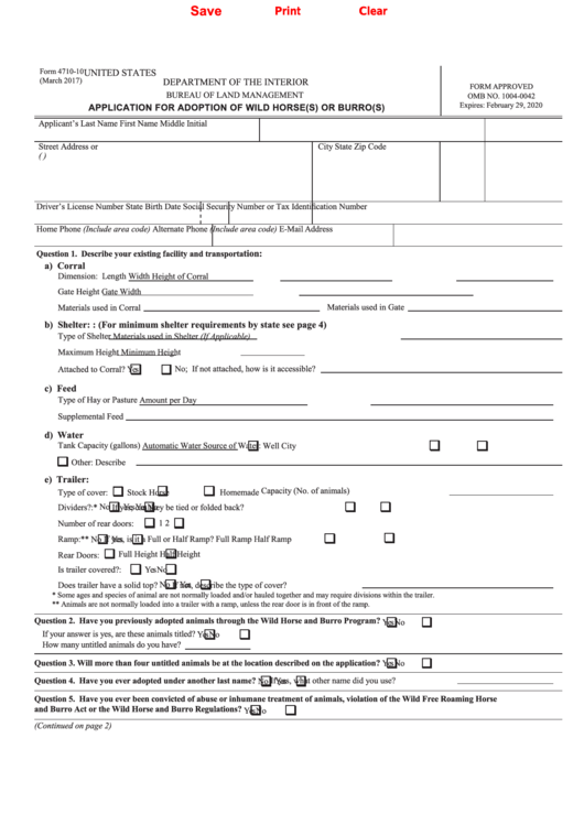 Fillable Form 4710-10 - Application For Adoption Of Wild Horse(S) Or Burro(S) Printable pdf
