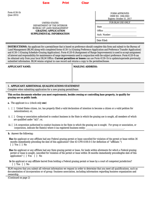 Fillable Form 4130-1b - Grazing Application Supplemental Information Printable pdf