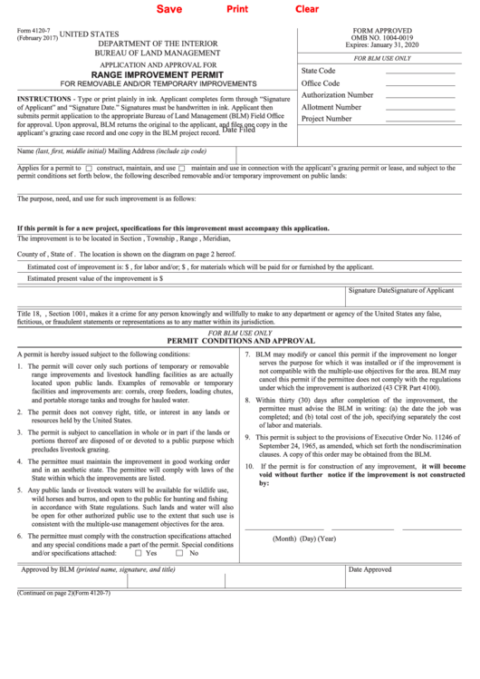 Fillable Form 4120-7 - Application And Approval For Range Improvement Permit Printable pdf