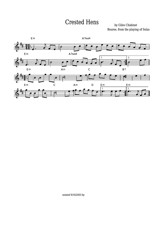 Giles Chabinet - Crested Hens Sheet Music - Bouree, From The Playing Of Solas Printable pdf