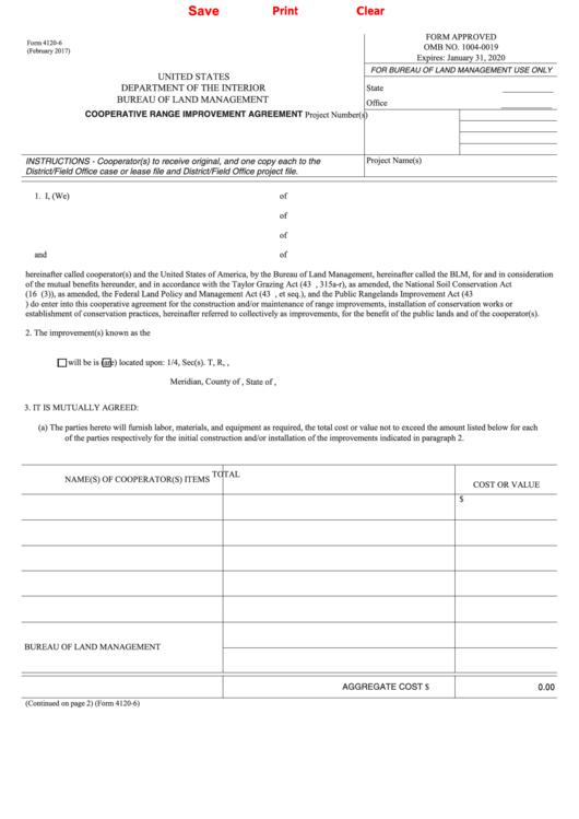 Fillable Form 4120-6 - Cooperative Range Improvement Agreement Printable pdf