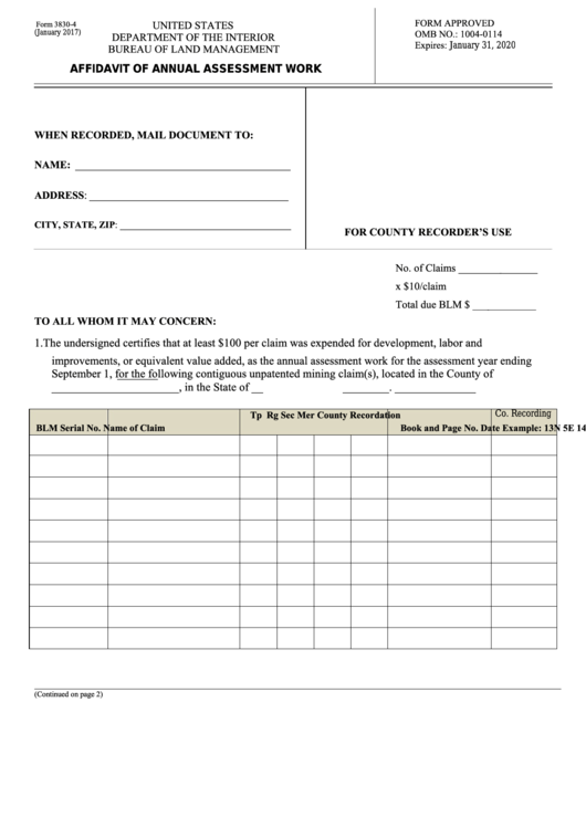 Fillable Form 3830-4 - Affidavit Of Annual Assessment Work Printable pdf