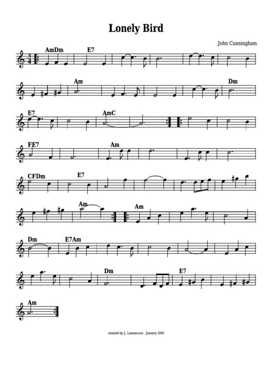 John Cunningham - Lonely Bird Sheet Music Printable pdf