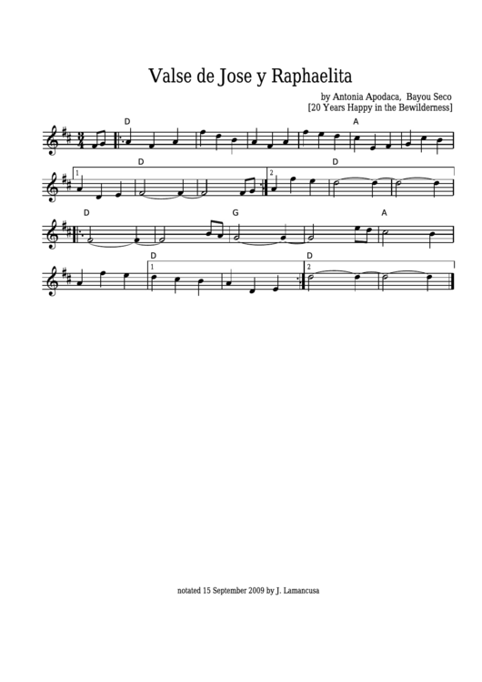 Antonia Apodaca - Valse De Jose Y Raphaelita Sheet Music - 20 Years Happy In The Bewilderness Printable pdf