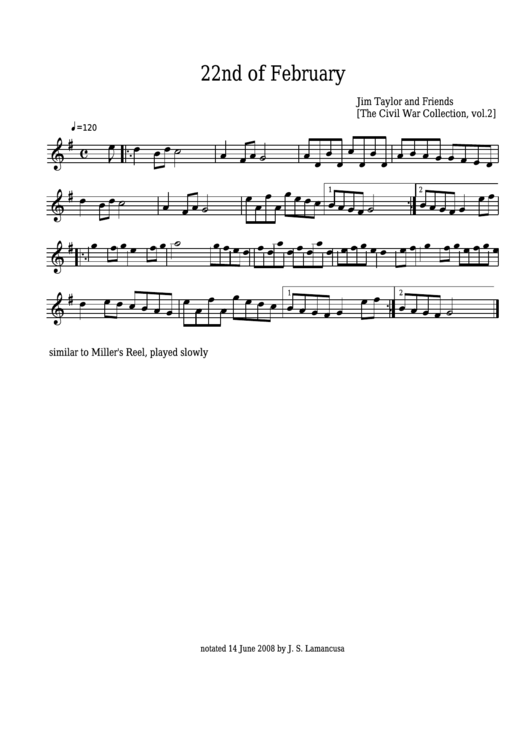 Jim Taylor - 22nd Of February Sheet Music - The Civil War Collection, Vol.2 Printable pdf