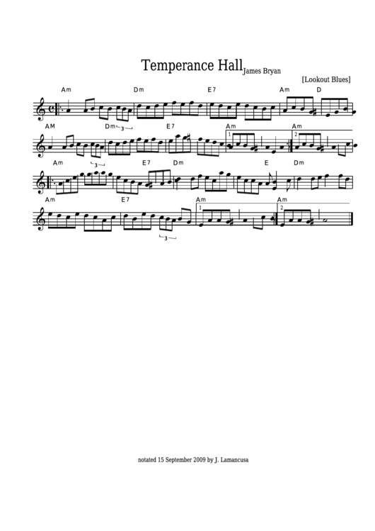 James Bryan - Temperance Hall Sheet Music - Lookout Blues Printable pdf