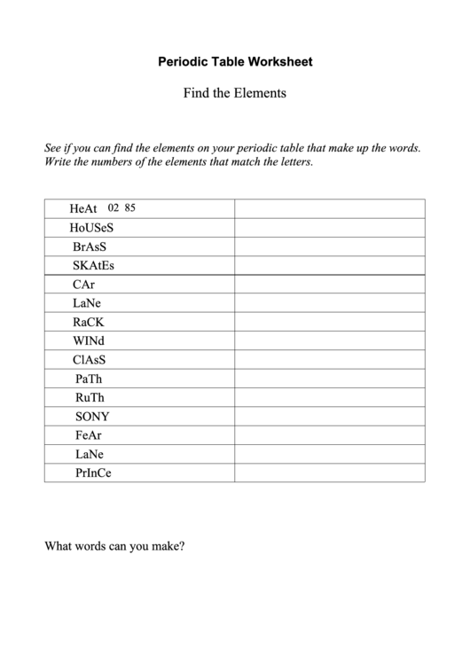 Elements Periodic Table Worksheet With Answers Printable pdf