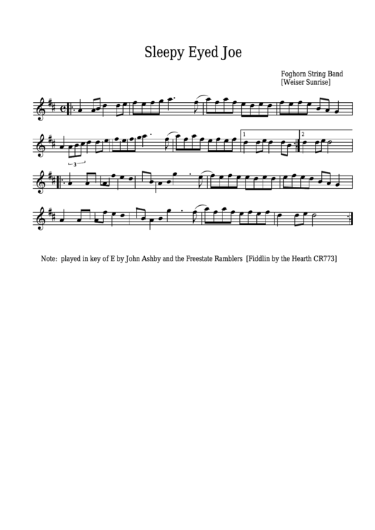 Foghorn String Band - Sleepy Eyed Joe Sheet Music - Weiser Sunrise Printable pdf