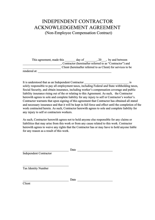 Independent Contractor Acknowledgement Agreement (Non-Employee Compensation Contract) Printable pdf