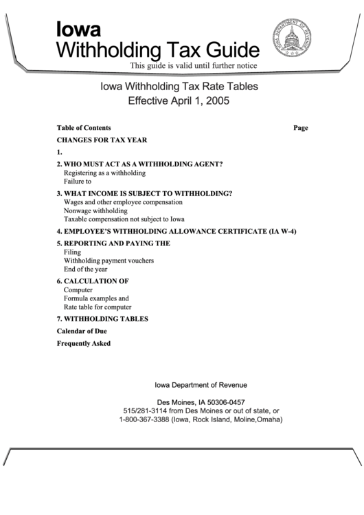 Iowa Withholding Tax Booklet And Tax Tables - 2005 Printable pdf