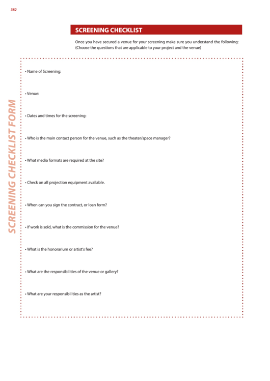 Screening Checklist Form Printable pdf