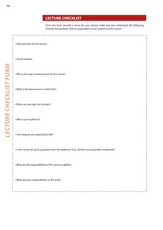 Lecture Checklist Form Printable pdf
