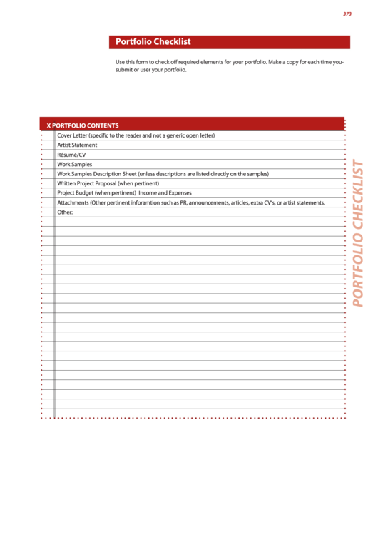 Portfolio Checklist Form Printable pdf
