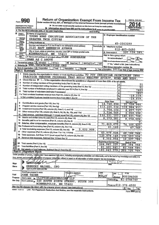 Form 990 - Return Of Organization Exempt From Income Tax - 2014 Printable pdf