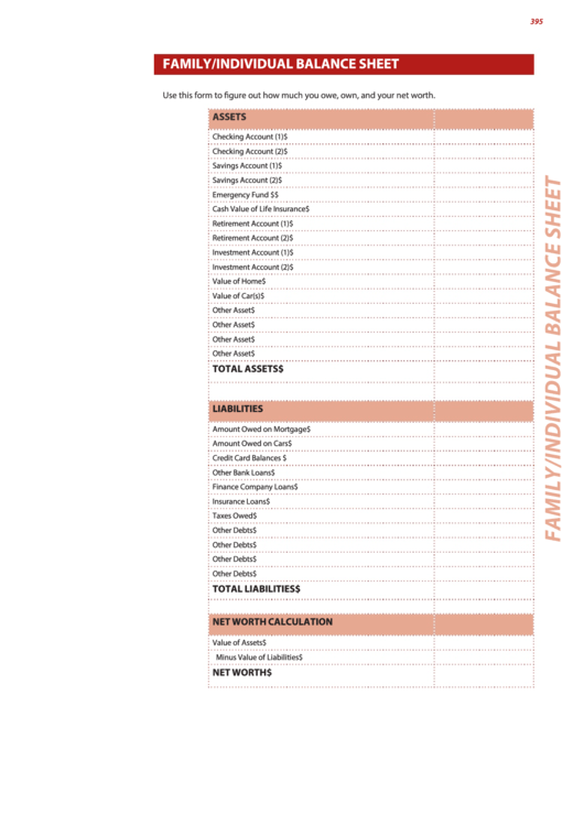Family/individual Balance Sheet Printable pdf