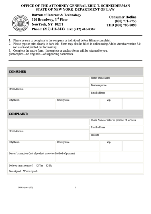 Fillable Form Ib-001 - Consumer Complaint Template Printable pdf