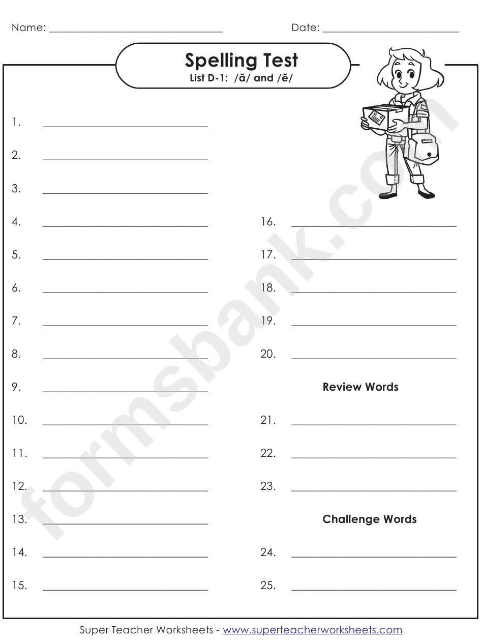 Spelling Test Activity Sheet