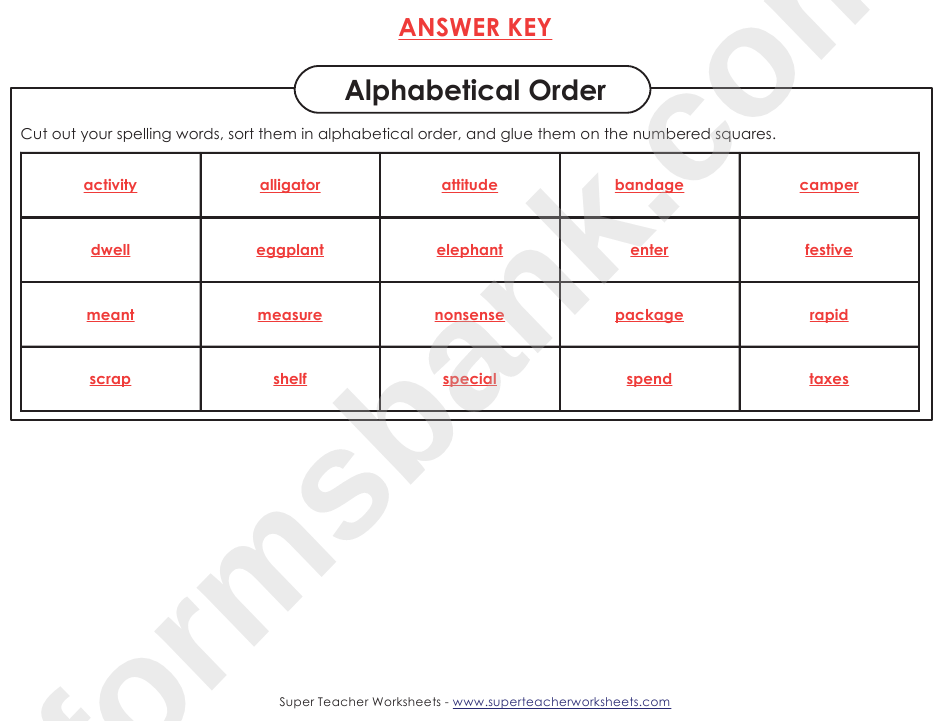 Alphabetical Order Spelling Activity Sheet With Answers