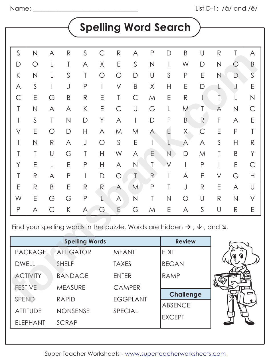 Spelling Word Search Activity Sheet With Answers