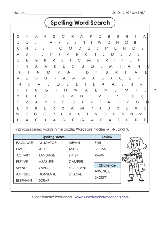 Spelling Word Search Activity Sheet With Answers