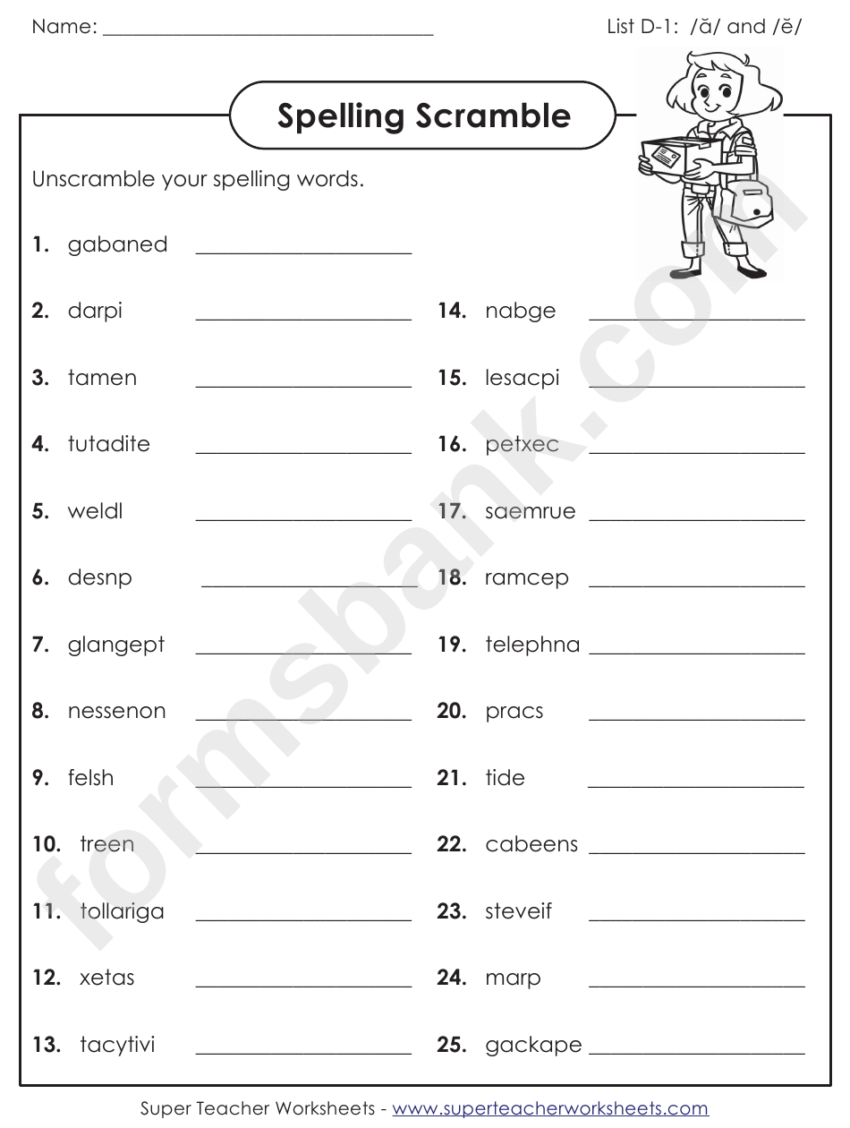 Scrambled Words Spelling Activity Sheet With Answers