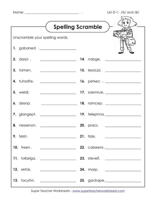 Scrambled Words Spelling Activity Sheet With Answers Printable pdf
