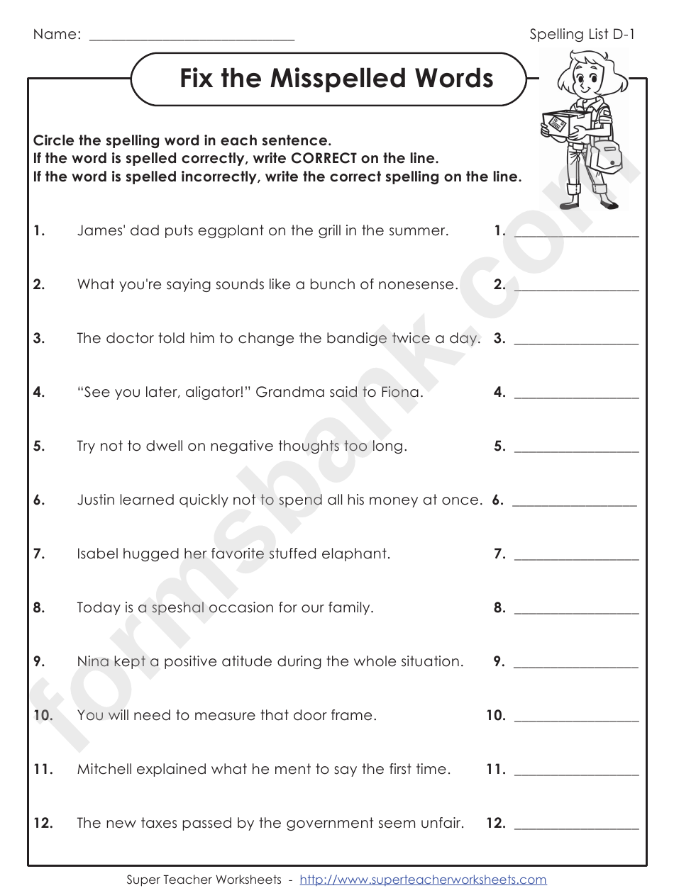 Fix The Misspelled Words Spelling Activity Sheet With Answers printable