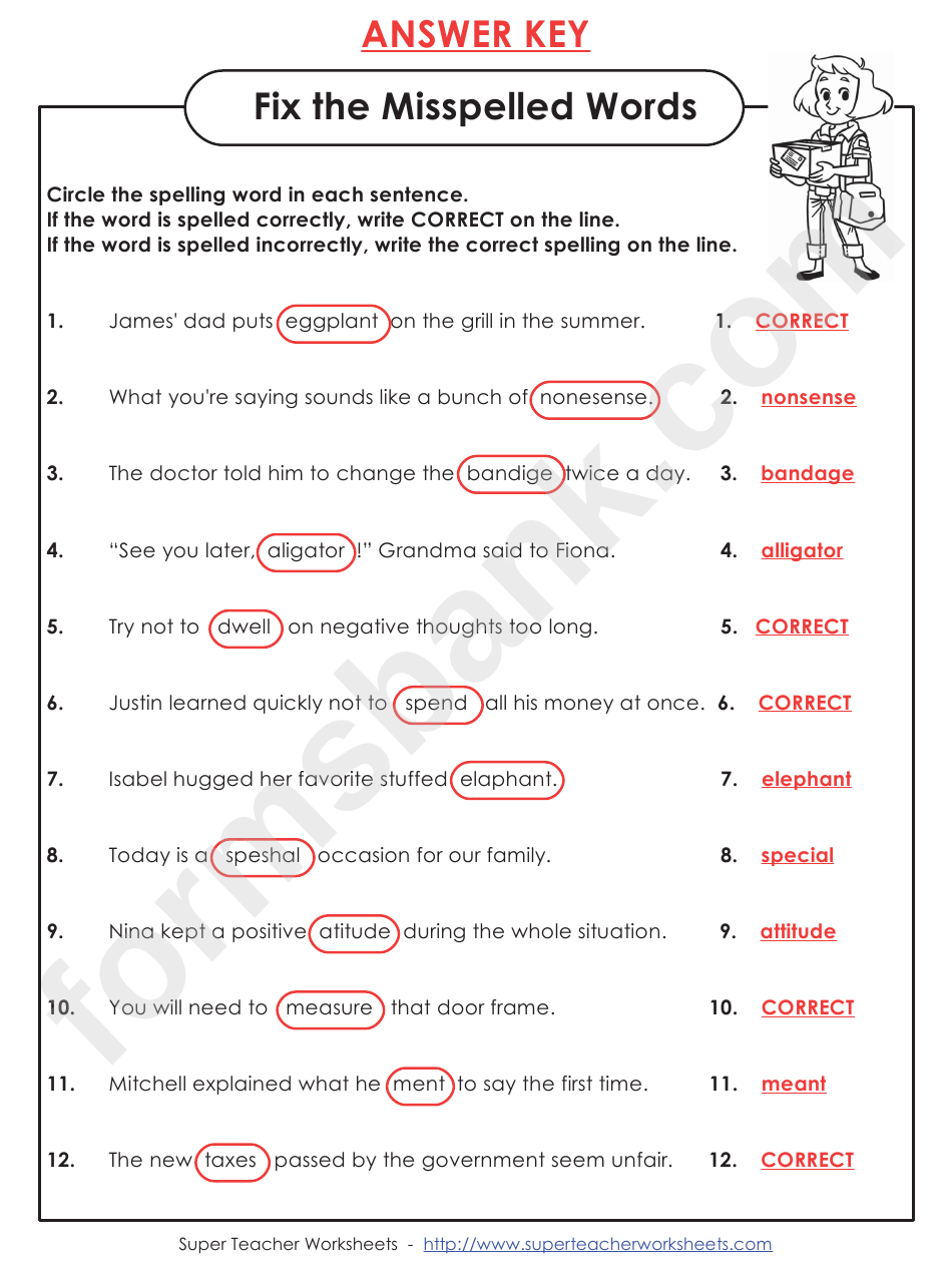 Fix The Misspelled Words Spelling Activity Sheet With Answers