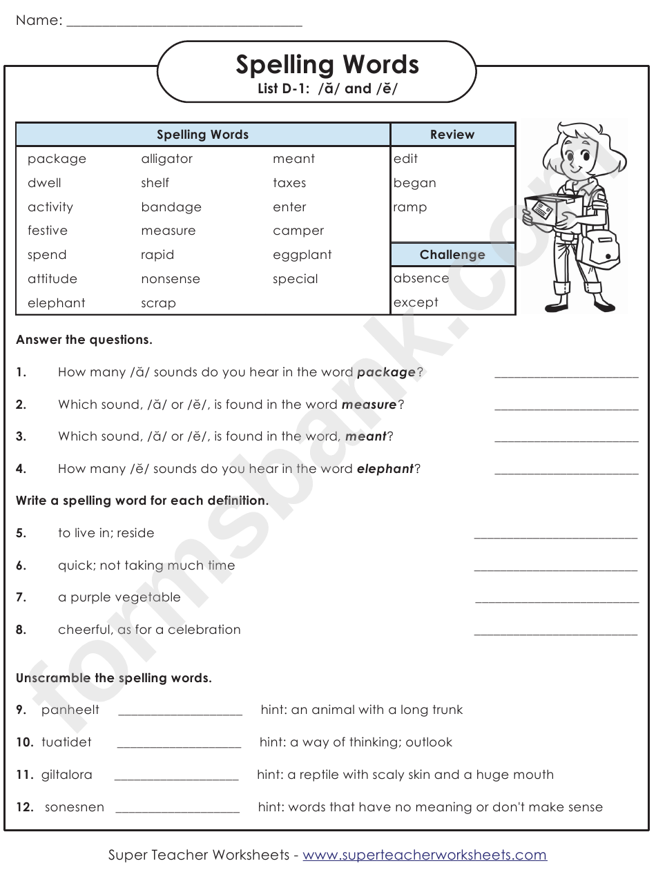 Spelling Words Activity Sheet With Answers