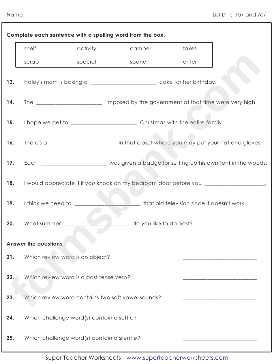 Spelling Words Activity Sheet With Answers