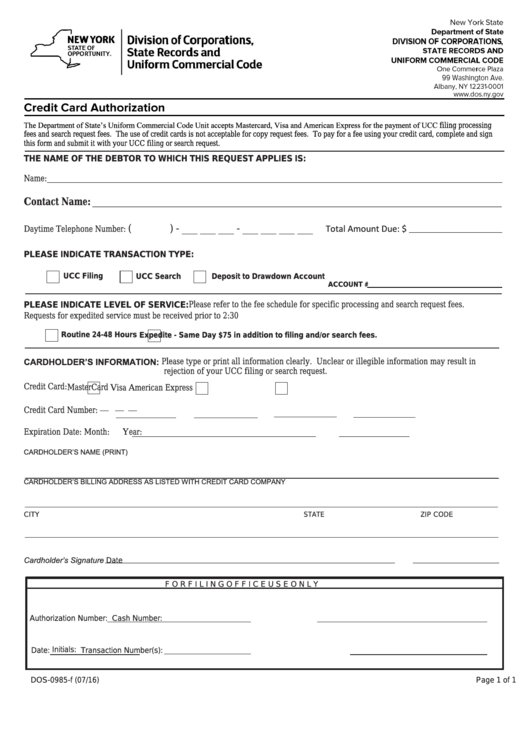 Fillable Form Dos-0985-F - Credit Card Authorization Form Printable pdf