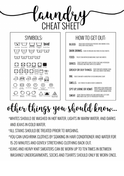 Laundry Cheat Sheet Printable pdf