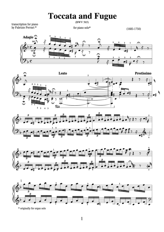 Tocatta And Fugue - J.s.bach Sheet Music Printable pdf