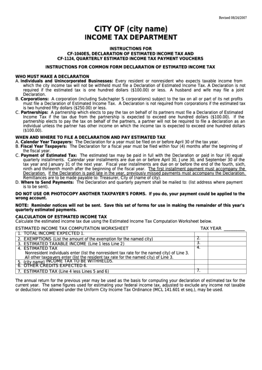 Instructions For Form Cf-1040es, Cf-1124 - Declaration Of Estimated Income Tax, Quarterly Estimated Income Tax Payment Vouchers Printable pdf