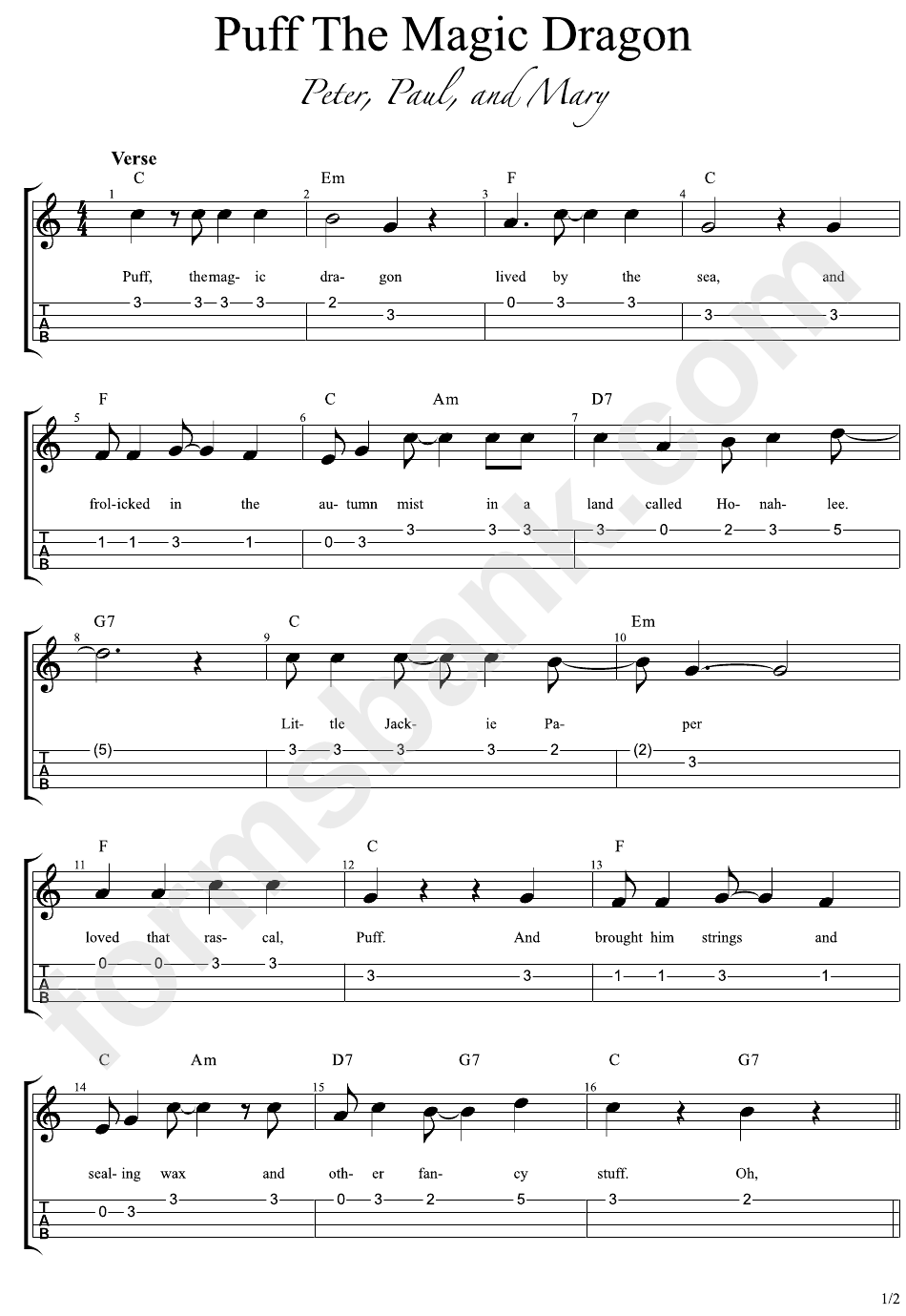 Peter, Paul And Mary - Puff The Magic Dragon Sheet Music