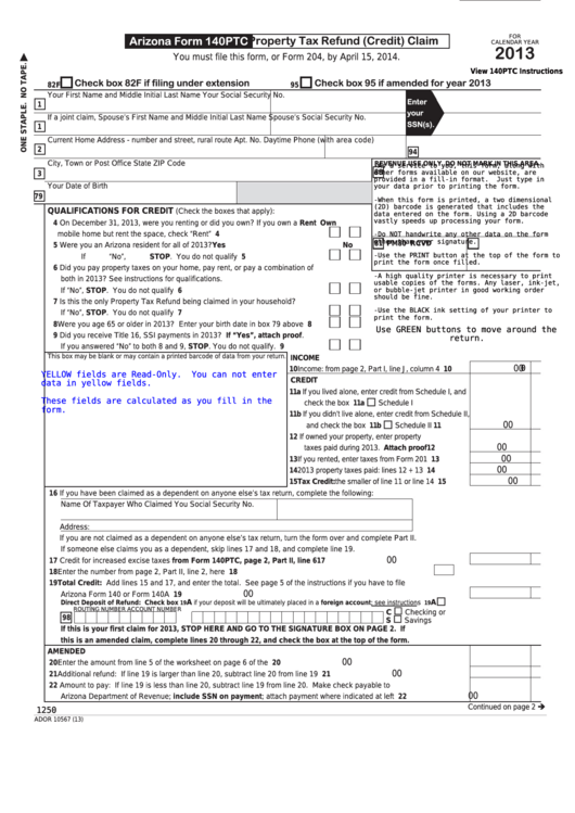Fillable Form 140ptc - Property Tax Refund (Credit) Claim - 2013 Printable pdf