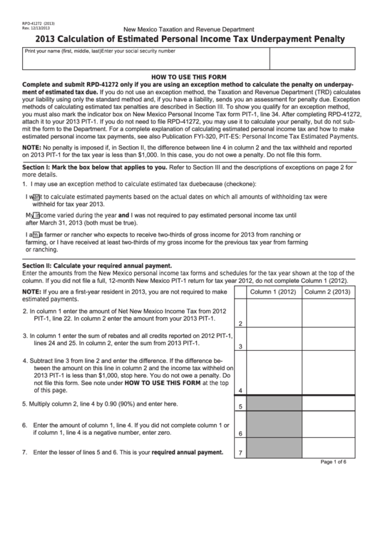 Form Rpd-41272 - Calculation Of Estimated Personal Income Tax Underpayment Penalty - 2013 Printable pdf