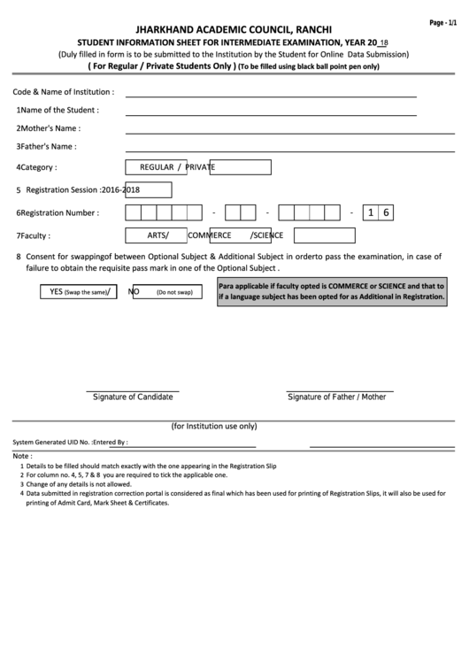 Student Information Sheet For Intermediate Examination Template Printable pdf