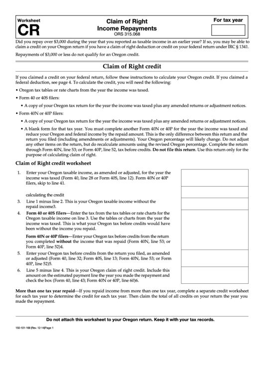Fillable Worksheet Cr - Claim Of Right Income Repayments Printable pdf