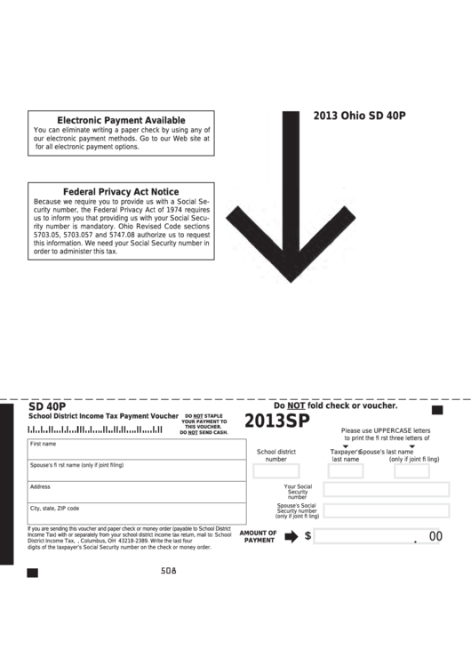 Fillable Form Sd 40p - School District Income Tax Payment Voucher - 2013 Printable pdf