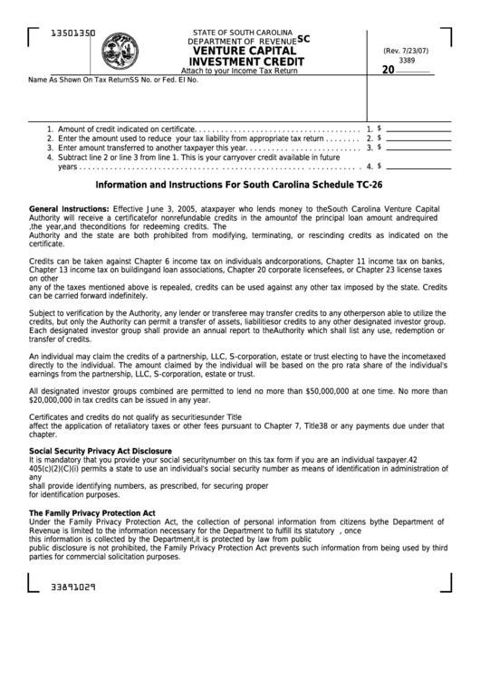 Form Sc Sch.tc-26 - Venture Capital Investment Credit Printable pdf