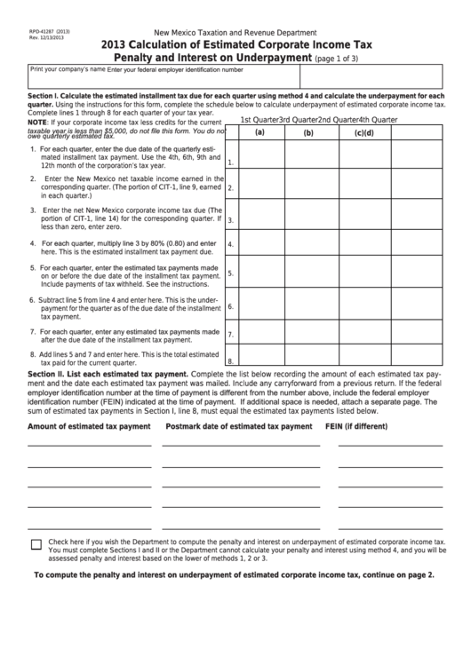 Form Rpd-41287 - Calculation Of Estimated Corporate Income Tax Penalty And Interest On Underpayment - 2013 Printable pdf
