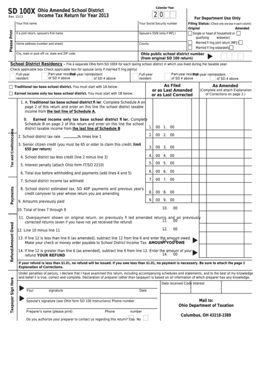 Fillable Form Sd 100x - Ohio Amended School District Income Tax Return - 2013 Printable pdf