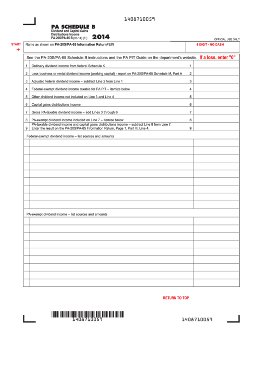 Fillable Pa Schedule B - Dividend And Capital Gains Distributions Income - 2014 Printable pdf