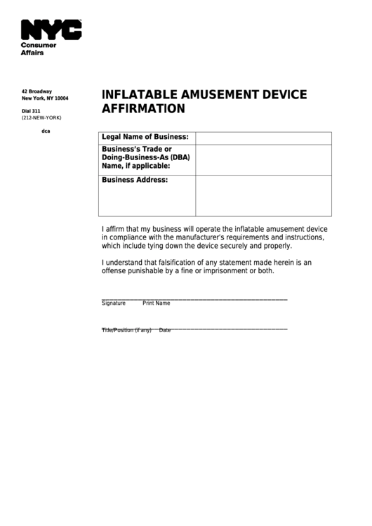 Inflatable Amusement Device Affirmation - Nyc Department Of Consumer Affairs
