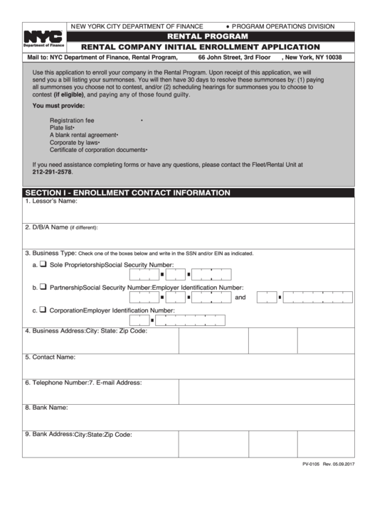 Form Pv-0105 - Rental Company Initial Enrollment Application Printable pdf