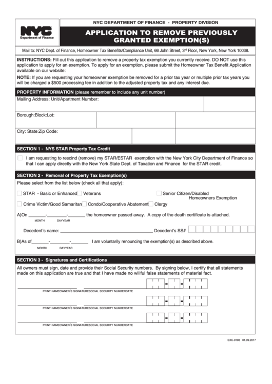 Form Exc-0106 - Application To Remove Previously Granted Exemption(S) Printable pdf